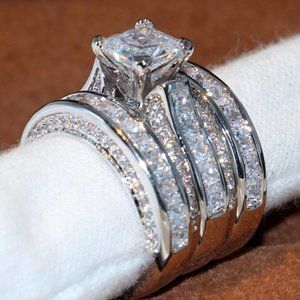 NEW 925 Silver Diamond 3PC Engagement Ring Set